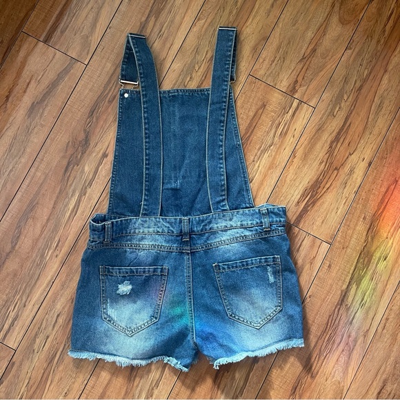 True love Denim Shorts Overalls Womens Size XL Blue Distressed  Bib Overalls - Picture 5 of 10